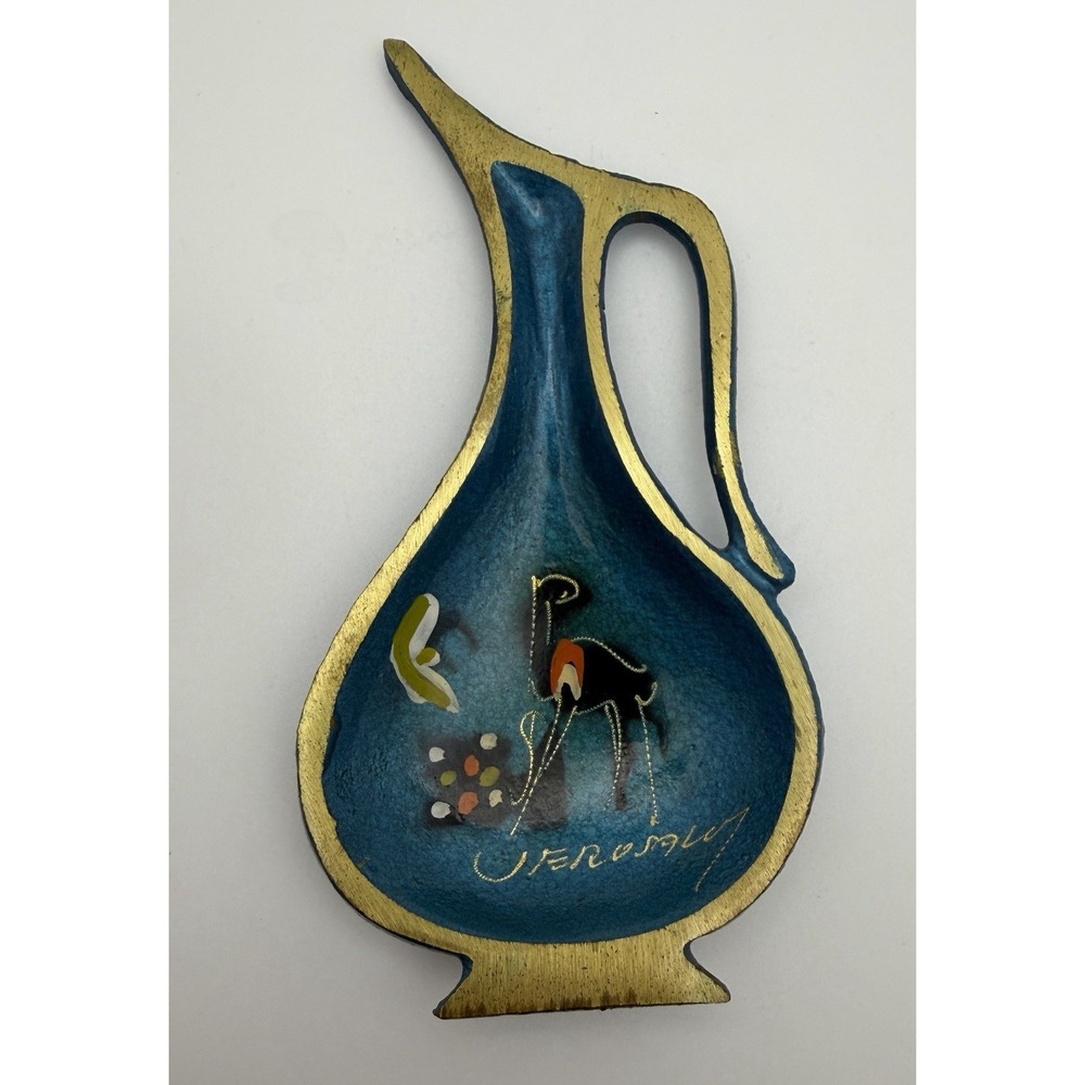 Vintage Enameled Brass Trinket Dish Olive Oil Bottle Jerusalem Judaica 6"x3"